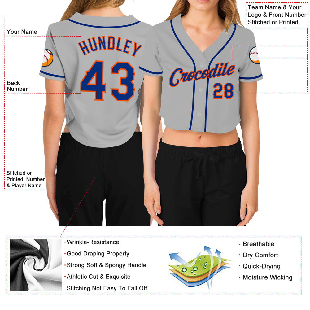 Custom Women's Gray Royal-Orange V-Neck Cropped Baseball Jersey view 3