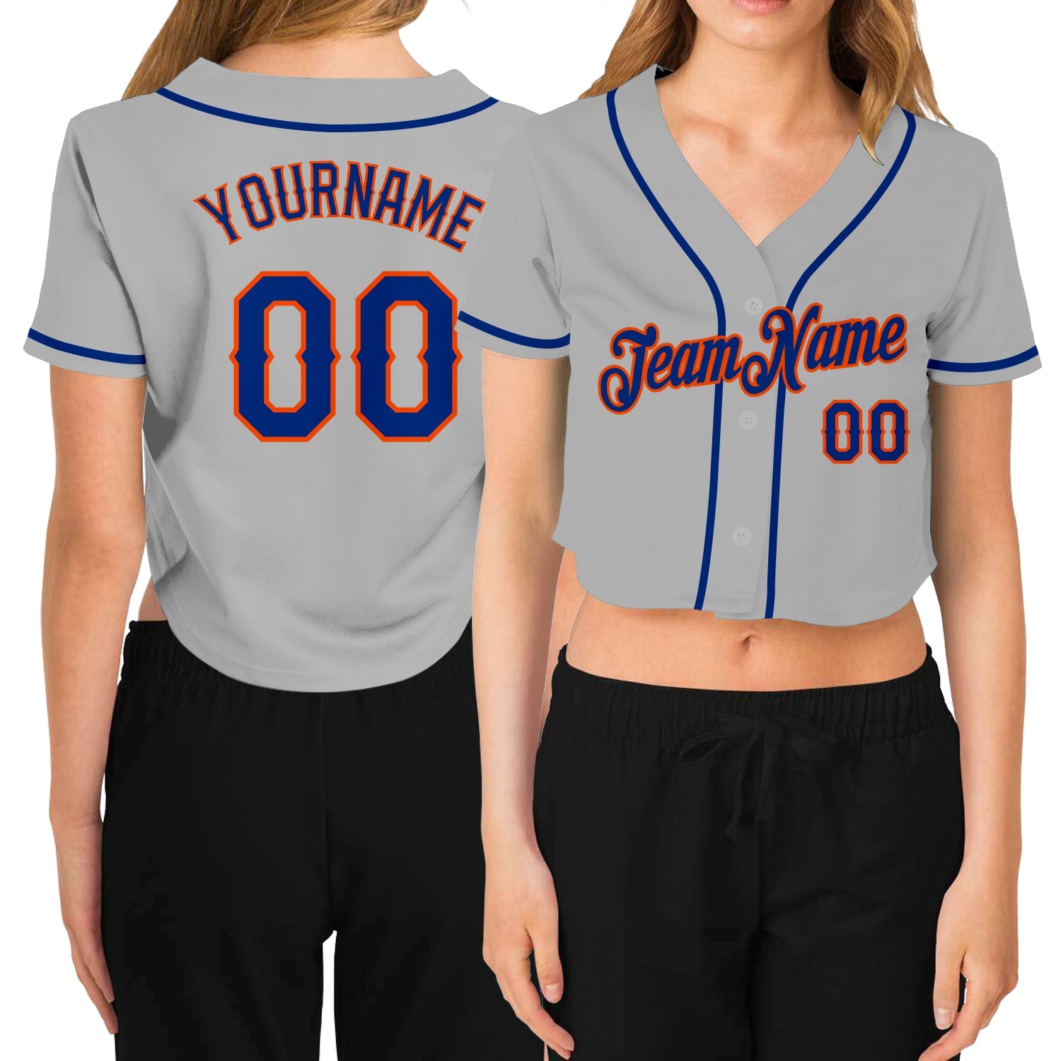 Custom Women's Gray Royal-Orange V-Neck Cropped Baseball Jersey - Main View