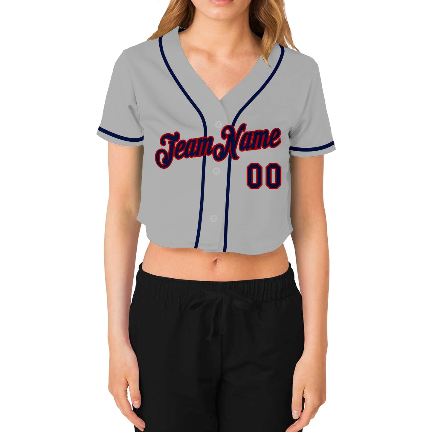 Custom Women's Gray Navy-Red V-Neck Cropped Baseball Jersey view 2