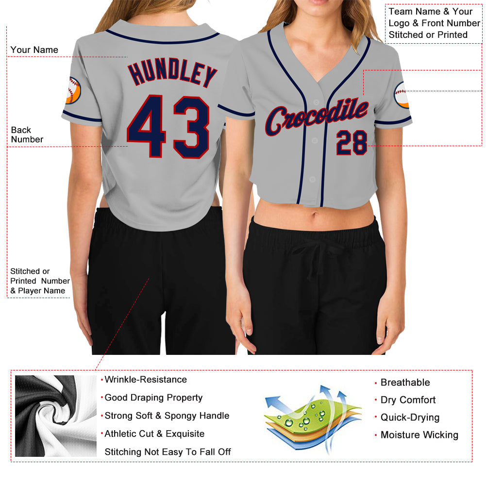 Custom Women's Gray Navy-Red V-Neck Cropped Baseball Jersey view 3