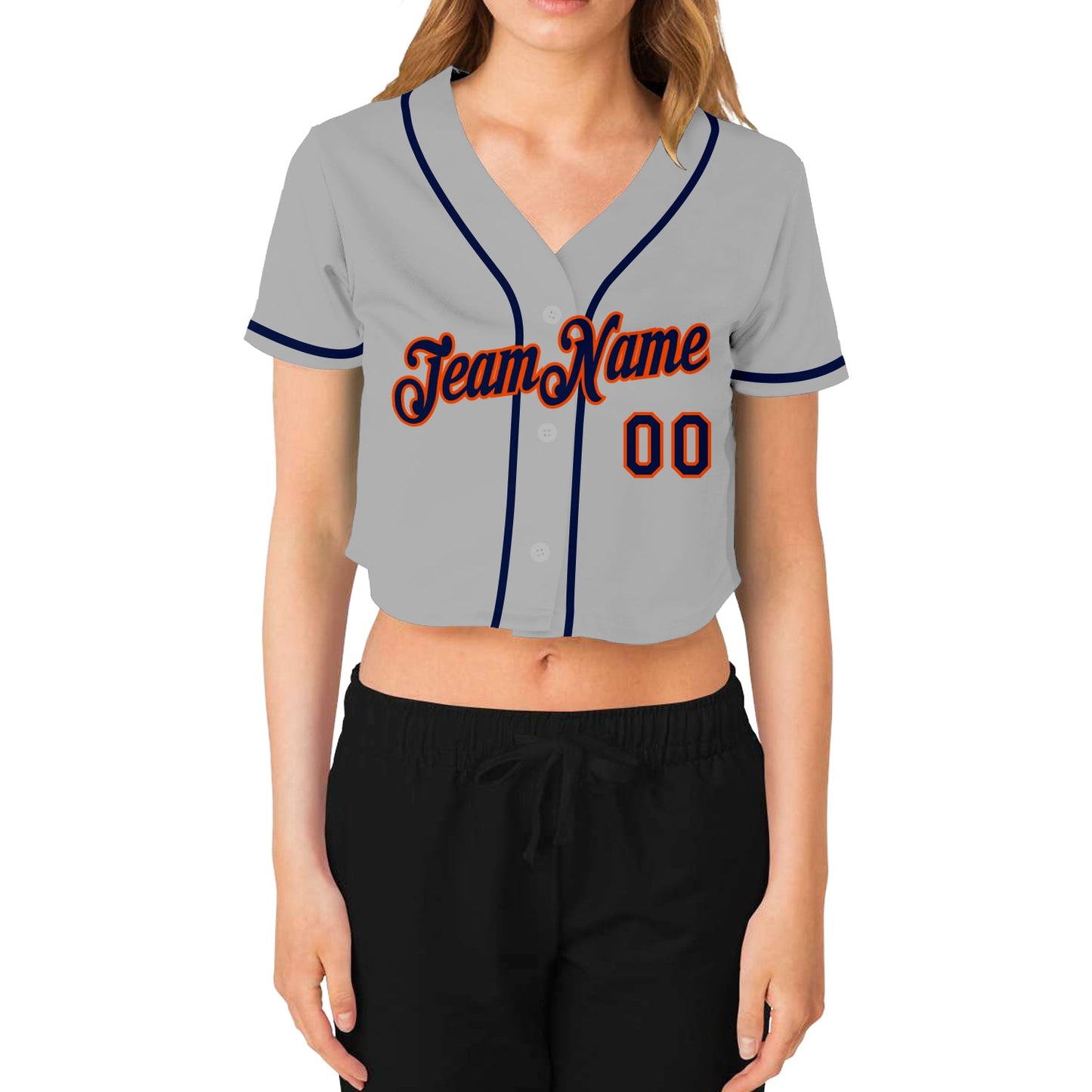 Custom Women's Gray Navy-Orange V-Neck Cropped Baseball Jersey view 2