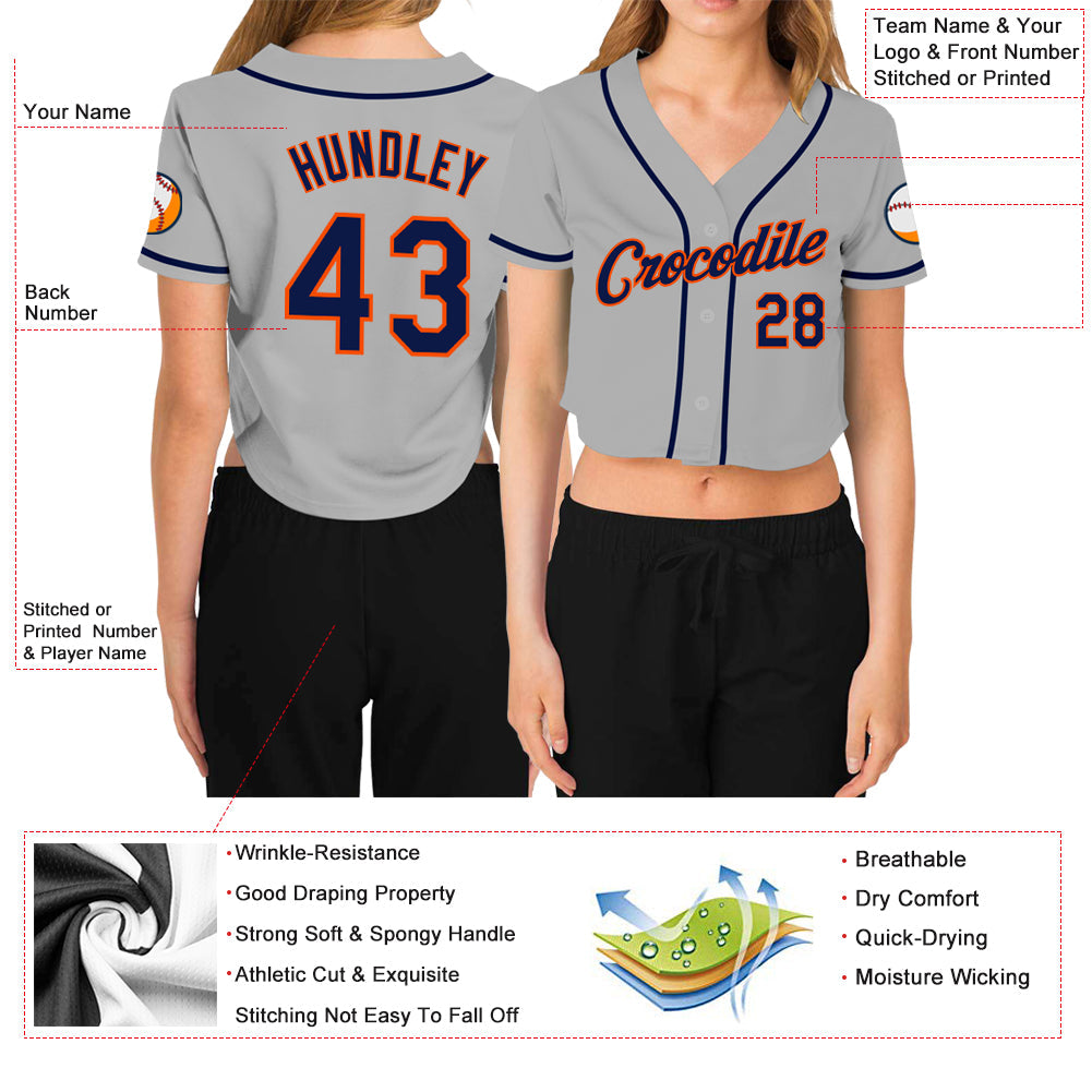 Custom Women's Gray Navy-Orange V-Neck Cropped Baseball Jersey view 3