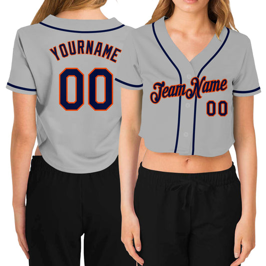 Custom Women's Gray Navy-Orange V-Neck Cropped Baseball Jersey - Main View