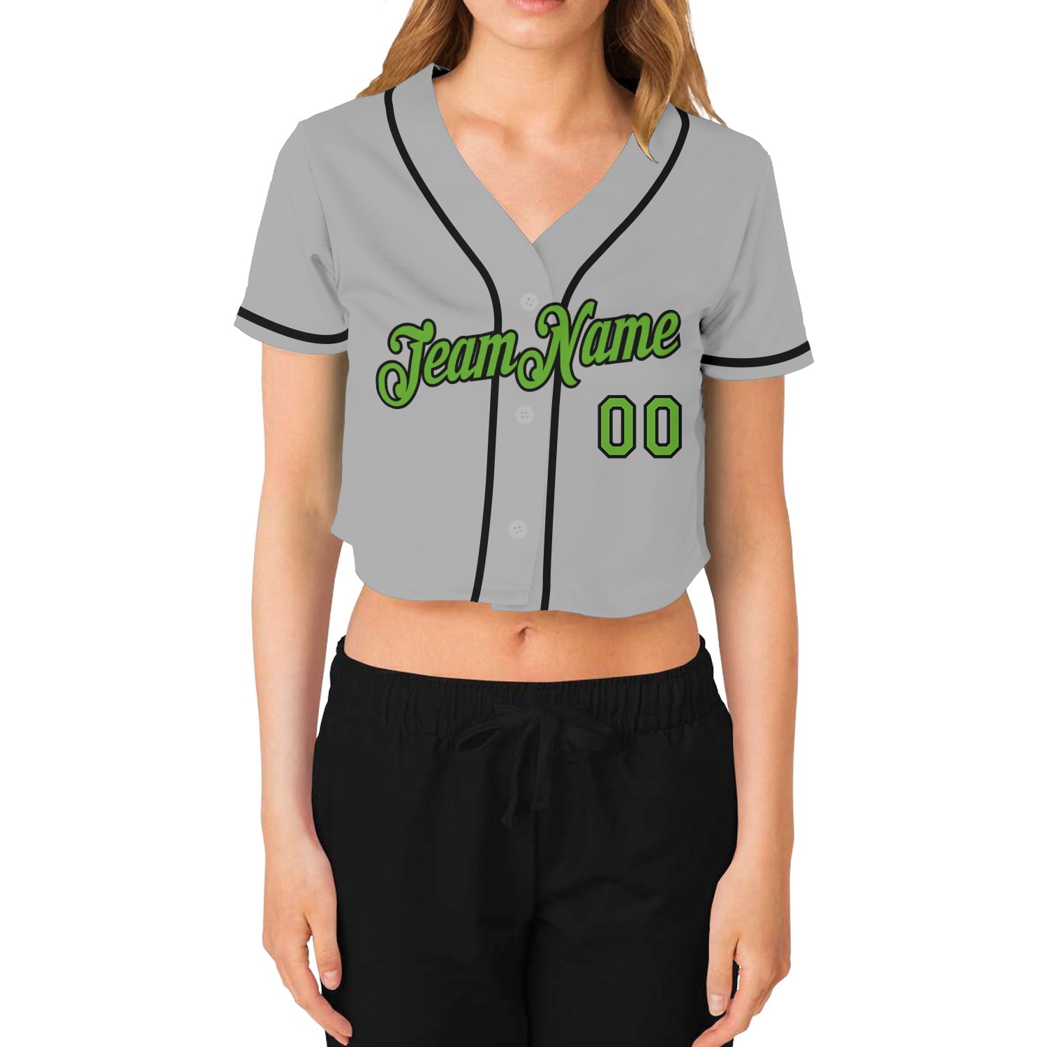 Custom Women's Gray Neon Green-Black V-Neck Cropped Baseball Jersey view 2