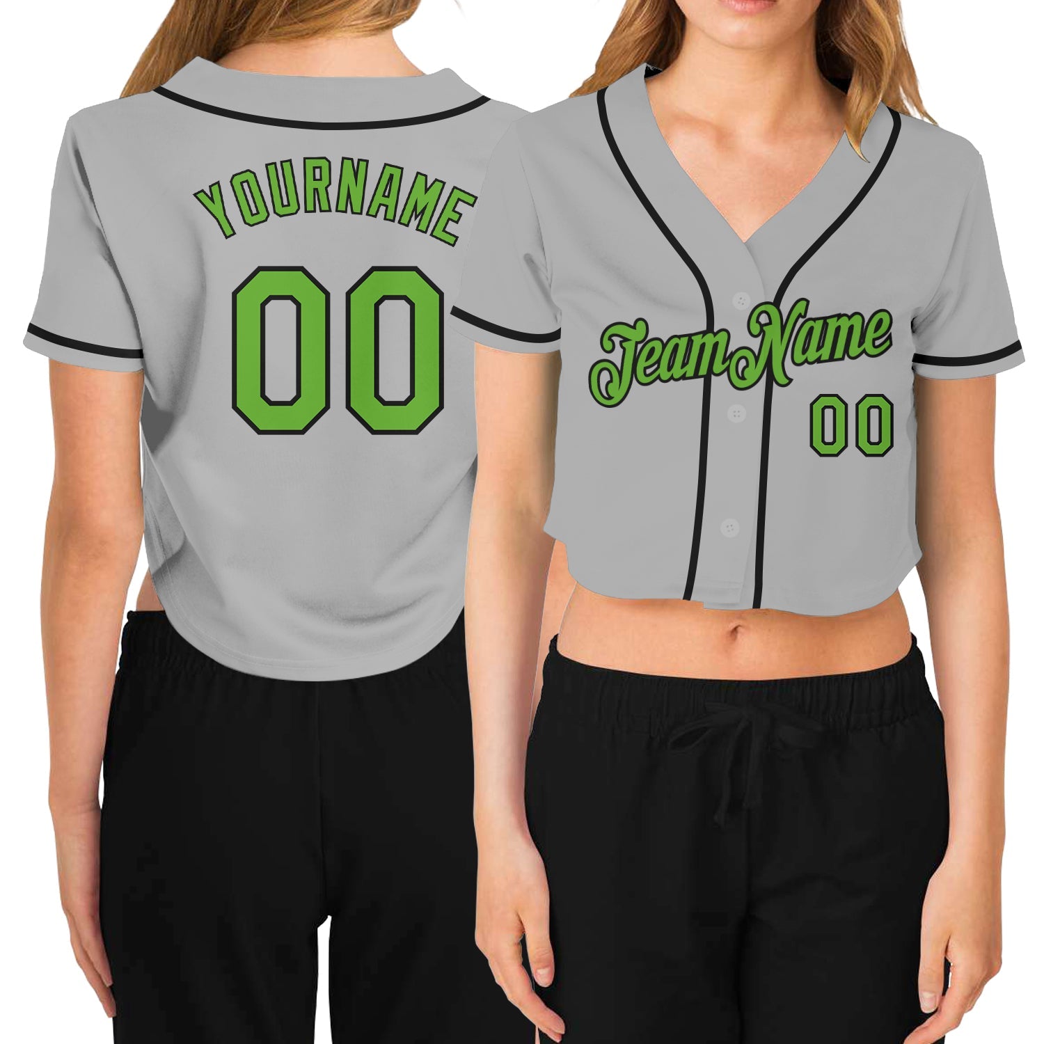 Custom Women's Gray Neon Green-Black V-Neck Cropped Baseball Jersey - Main View