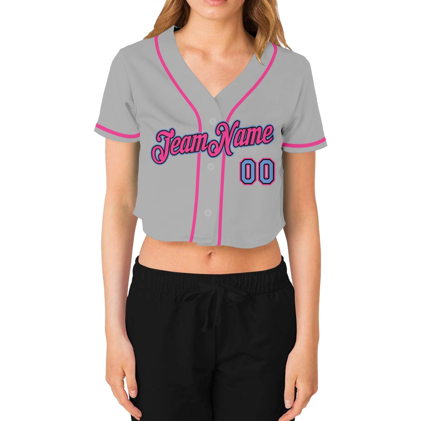 Custom Women's Gray Light Blue Black-Pink V-Neck Cropped Baseball Jersey view 2