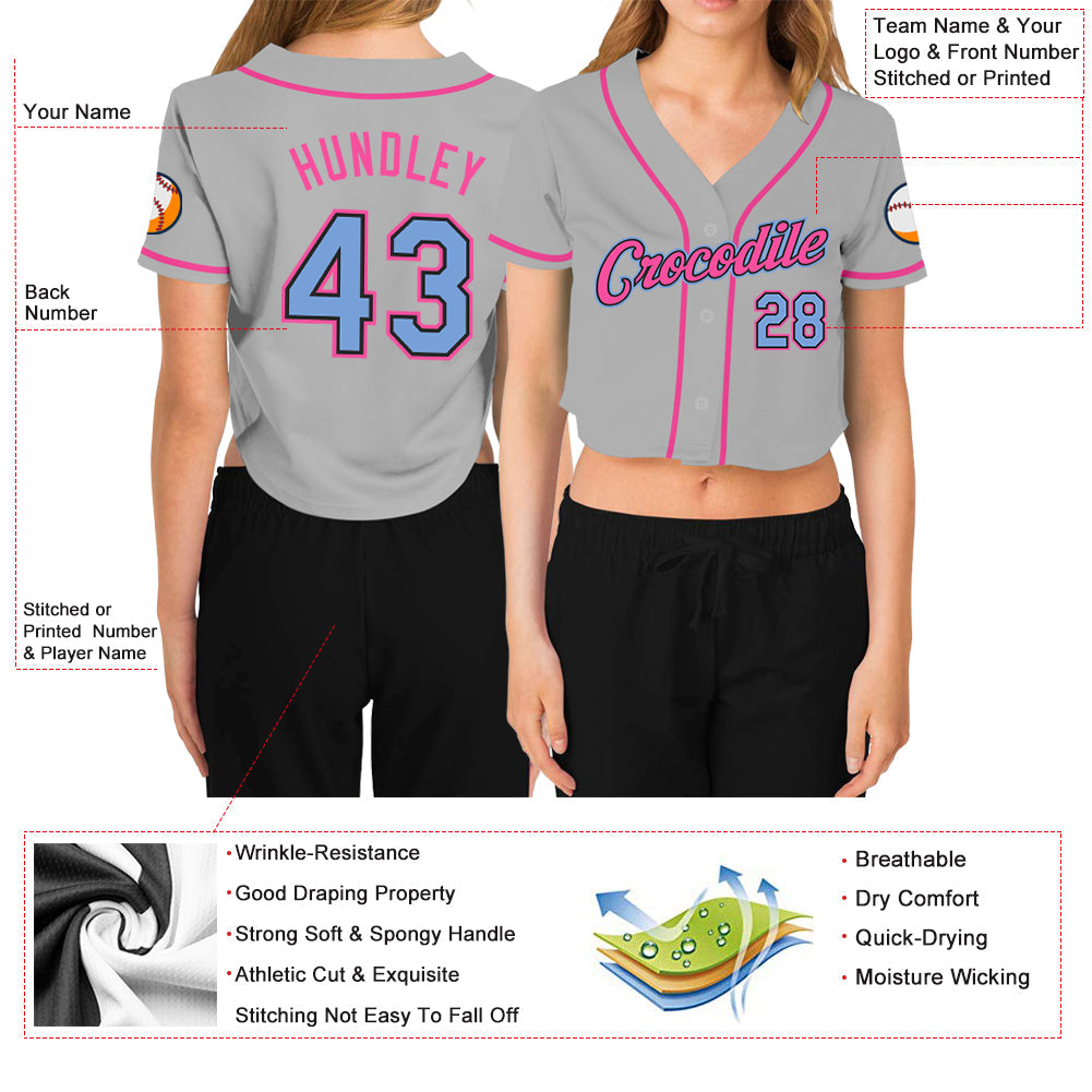Custom Women's Gray Light Blue Black-Pink V-Neck Cropped Baseball Jersey view 3