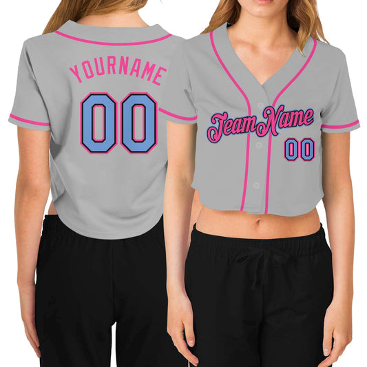Custom Women's Gray Light Blue Black-Pink V-Neck Cropped Baseball Jersey - Main View