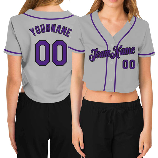 Custom Women's Gray Purple-Black V-Neck Cropped Baseball Jersey - Main View