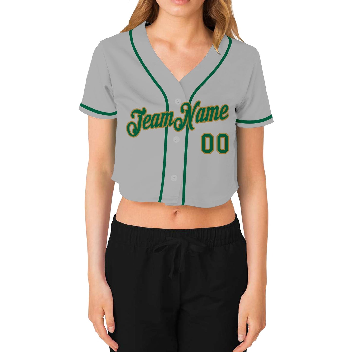 Custom Women's Gray Kelly Green-Old Gold V-Neck Cropped Baseball Jersey view 2