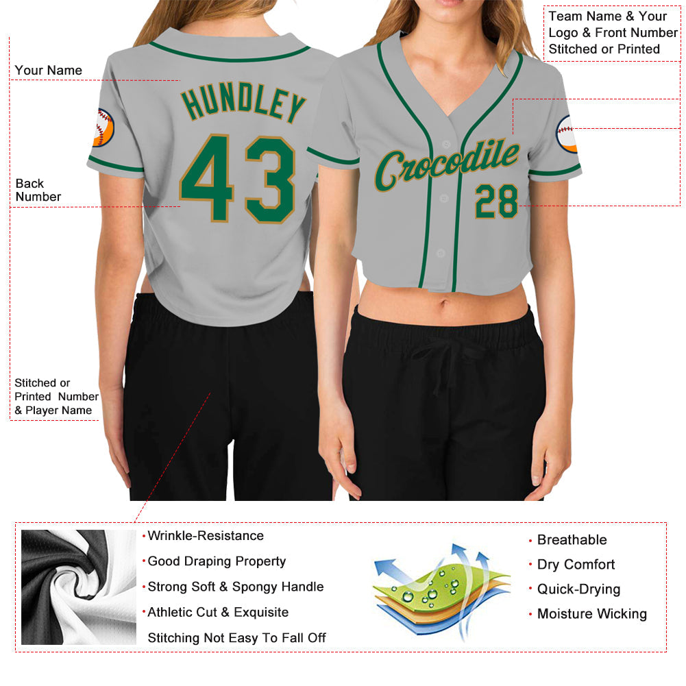 Custom Women's Gray Kelly Green-Old Gold V-Neck Cropped Baseball Jersey view 3