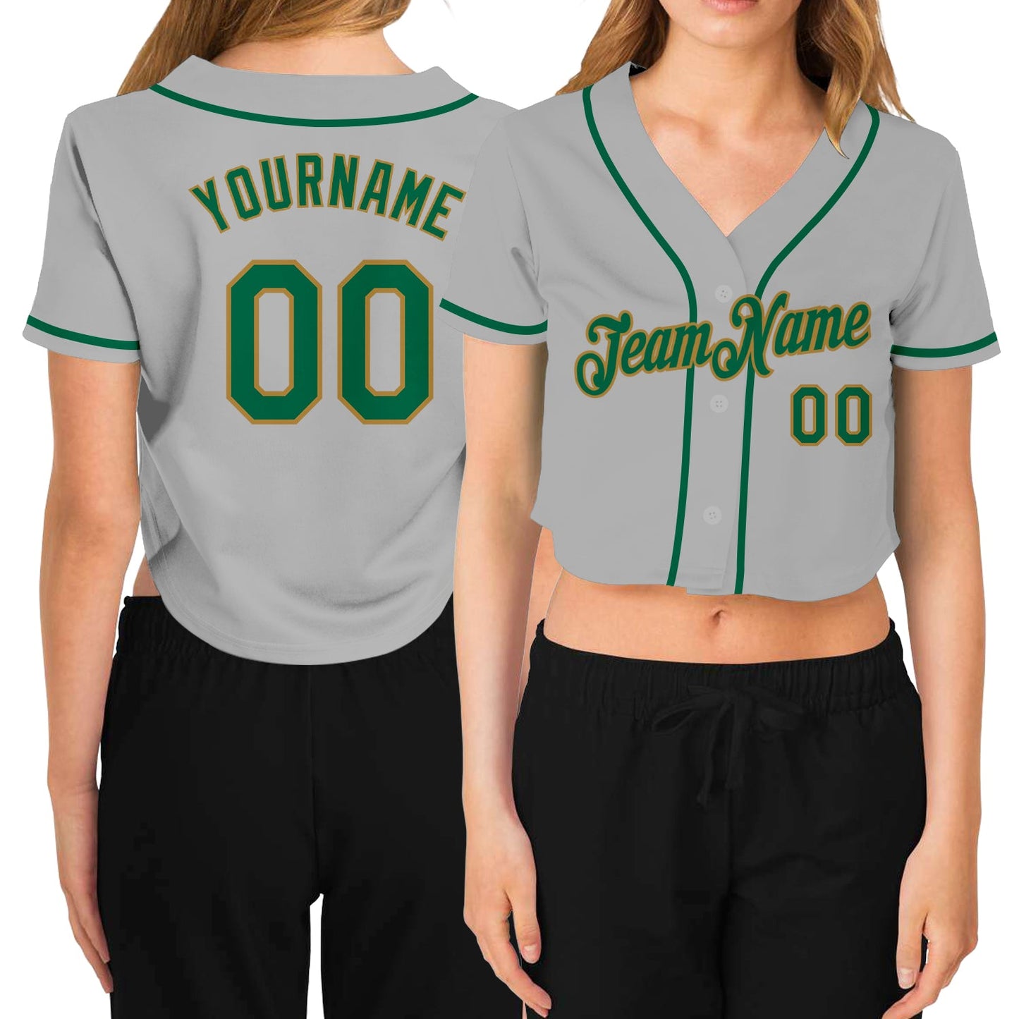 Custom Women's Gray Kelly Green-Old Gold V-Neck Cropped Baseball Jersey - Main View