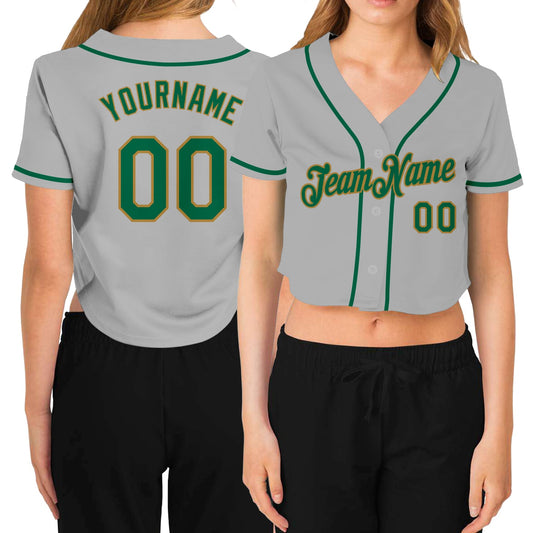 Custom Women's Gray Kelly Green-Old Gold V-Neck Cropped Baseball Jersey - Main View
