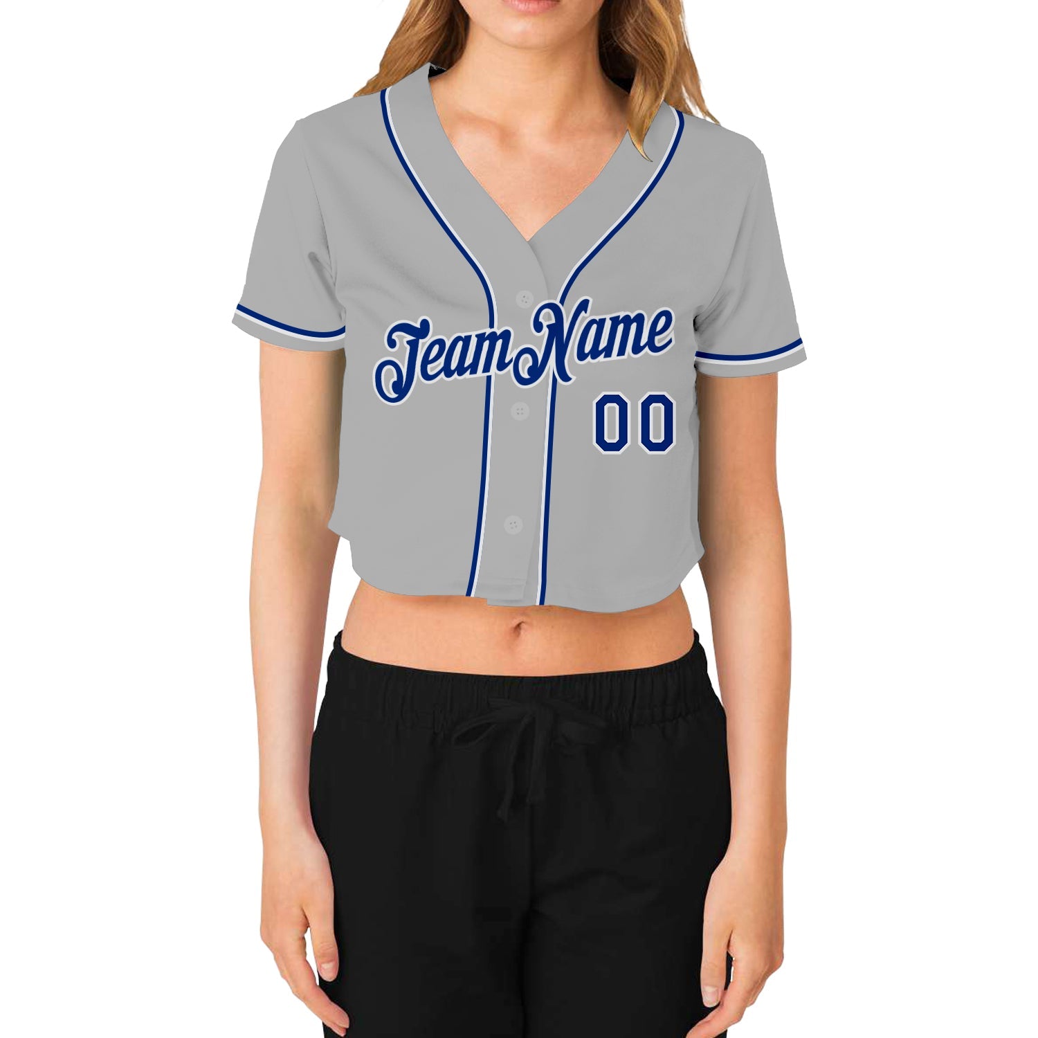 Custom Women's Gray Royal-White V-Neck Cropped Baseball Jersey view 2