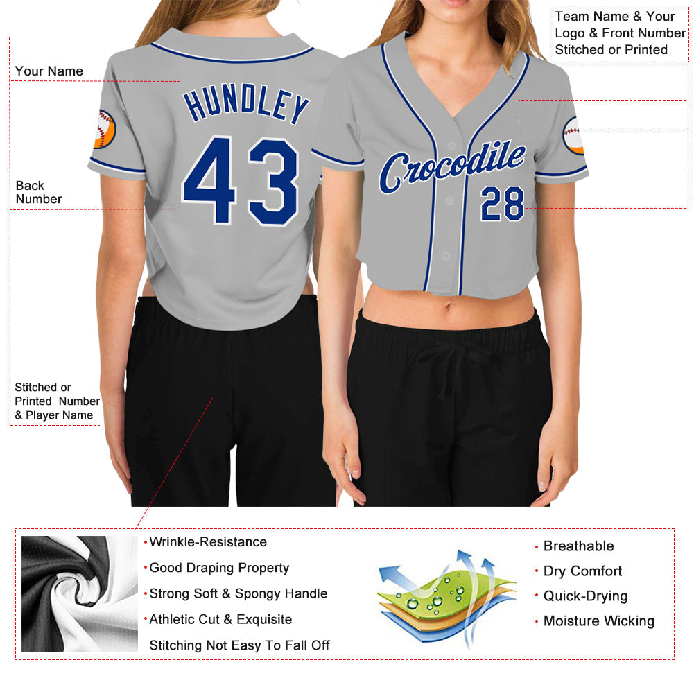 Custom Women's Gray Royal-White V-Neck Cropped Baseball Jersey view 3