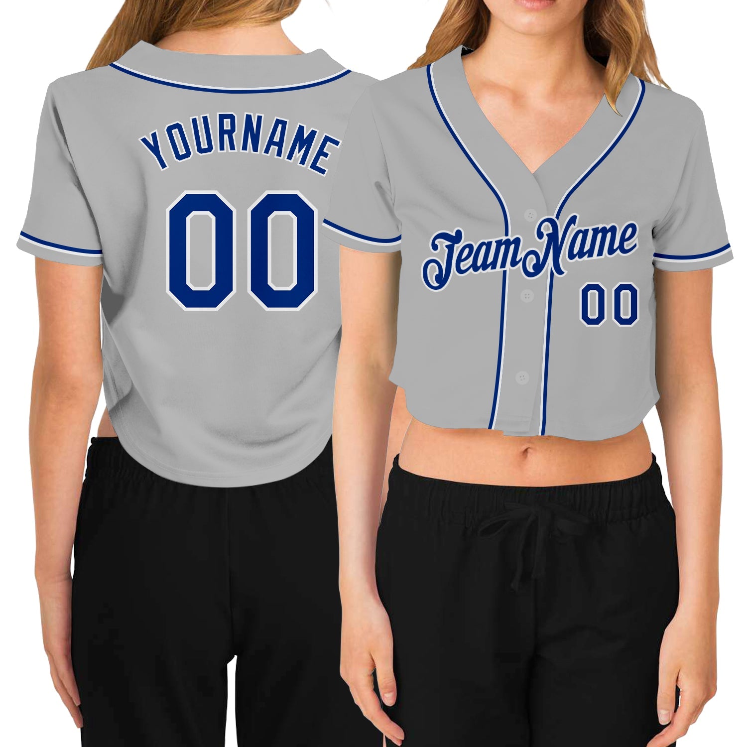 Custom Women's Gray Royal-White V-Neck Cropped Baseball Jersey - Main View