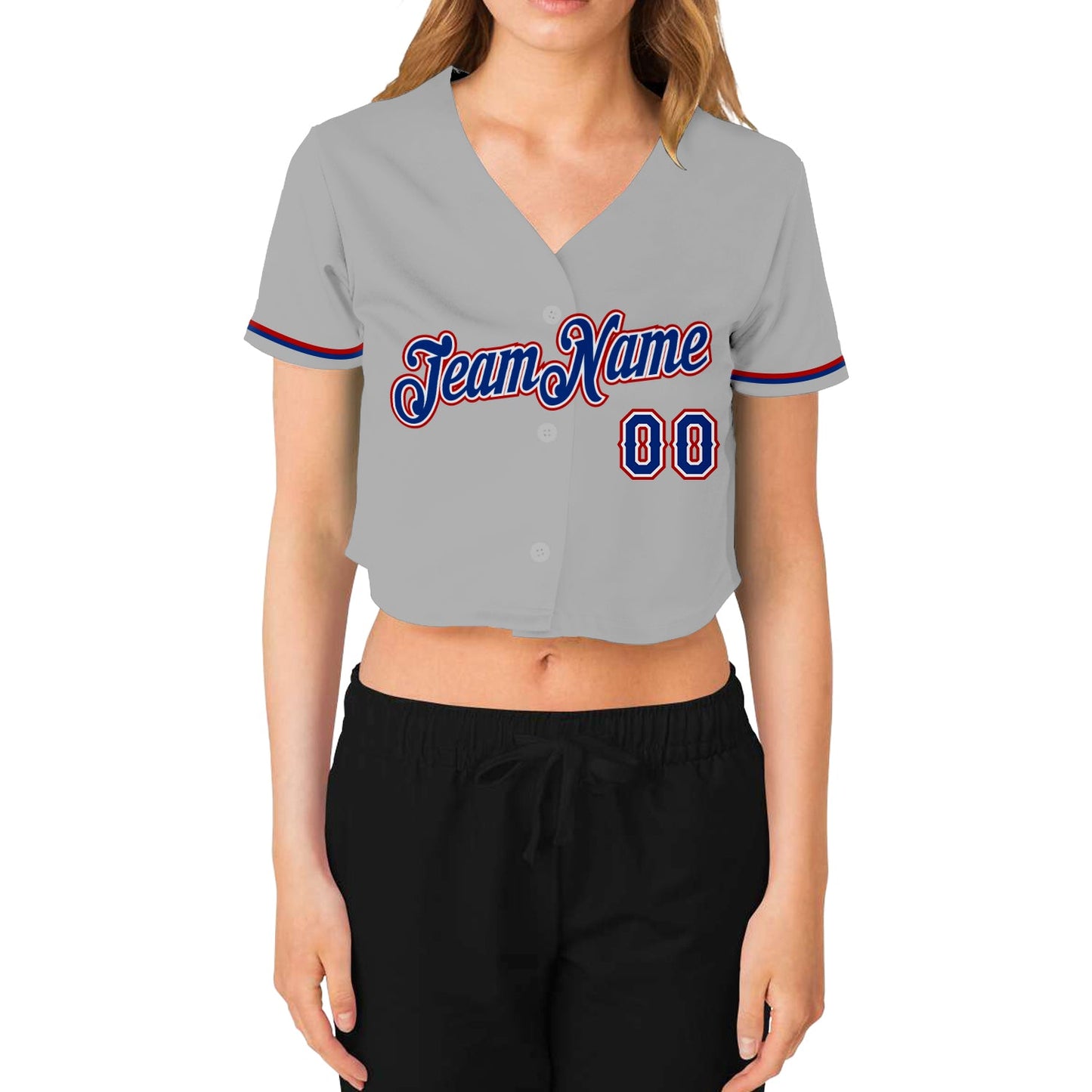 Custom Women's Gray Royal White-Red V-Neck Cropped Baseball Jersey view 2