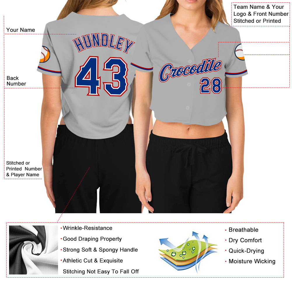 Custom Women's Gray Royal White-Red V-Neck Cropped Baseball Jersey view 3
