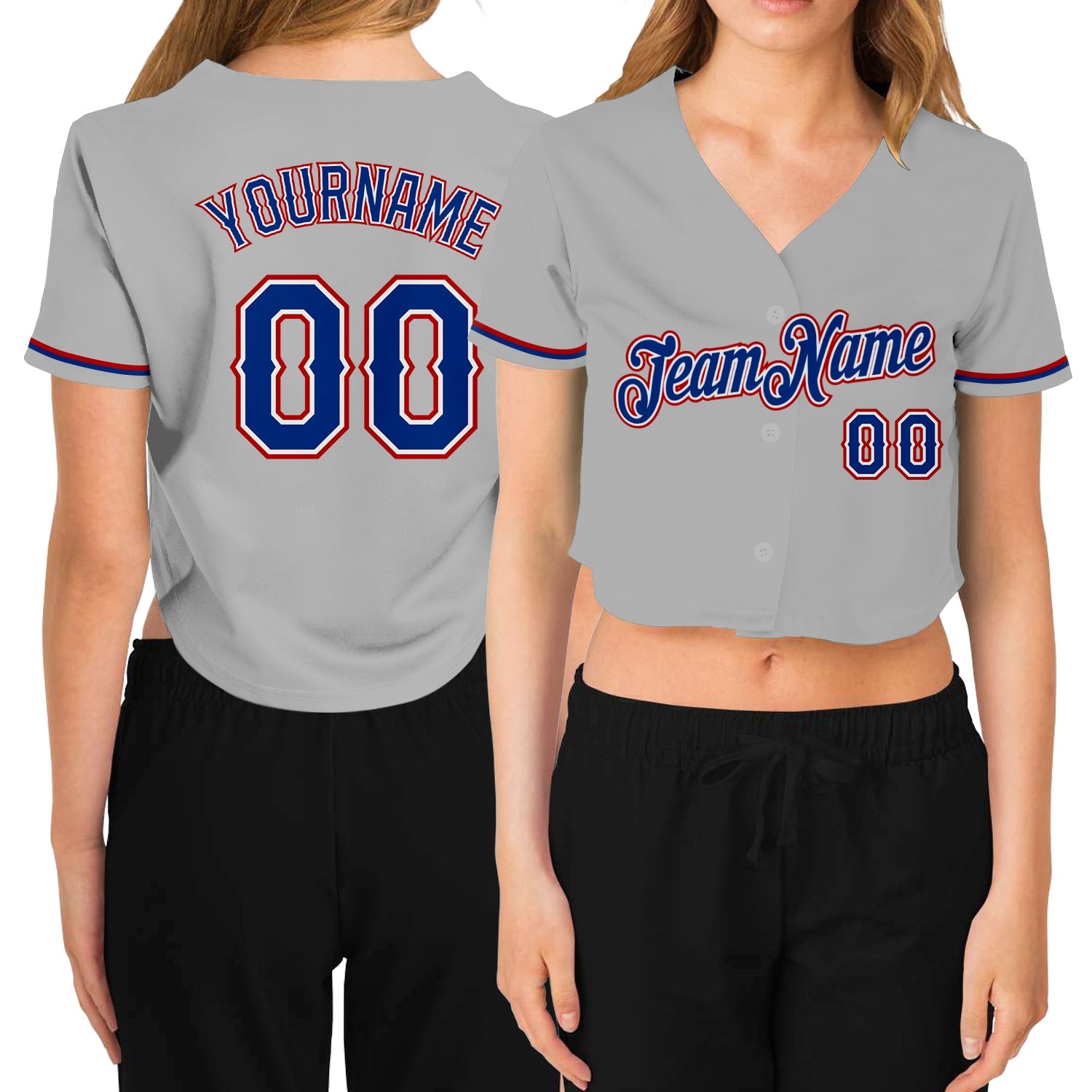 Custom Women's Gray Royal White-Red V-Neck Cropped Baseball Jersey - Main View