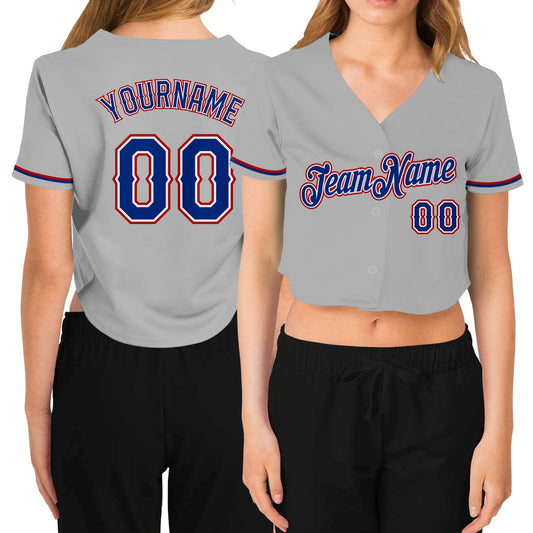 Custom Women's Gray Royal White-Red V-Neck Cropped Baseball Jersey - Main View