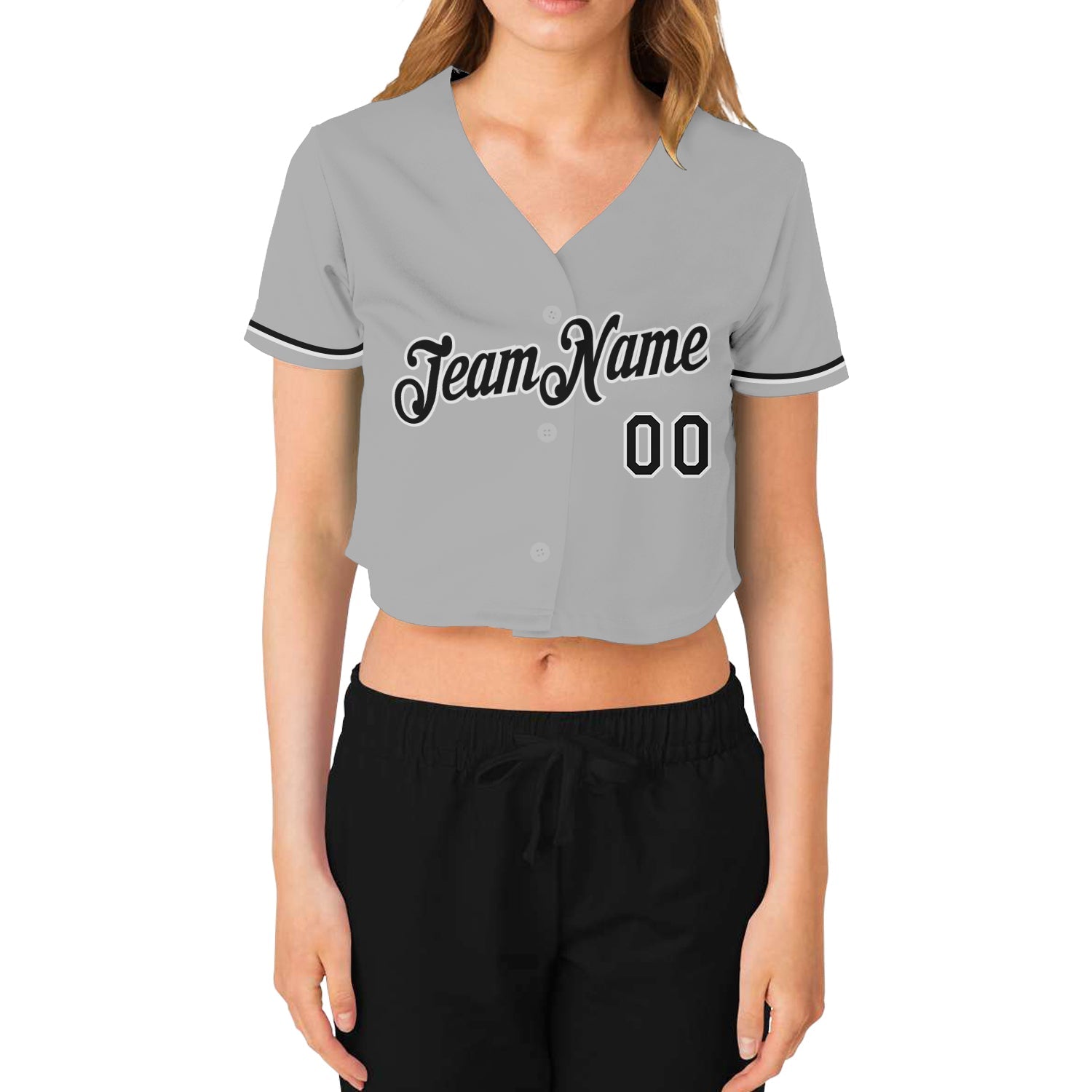 Custom Women's Gray Black-White V-Neck Cropped Baseball Jersey view 2