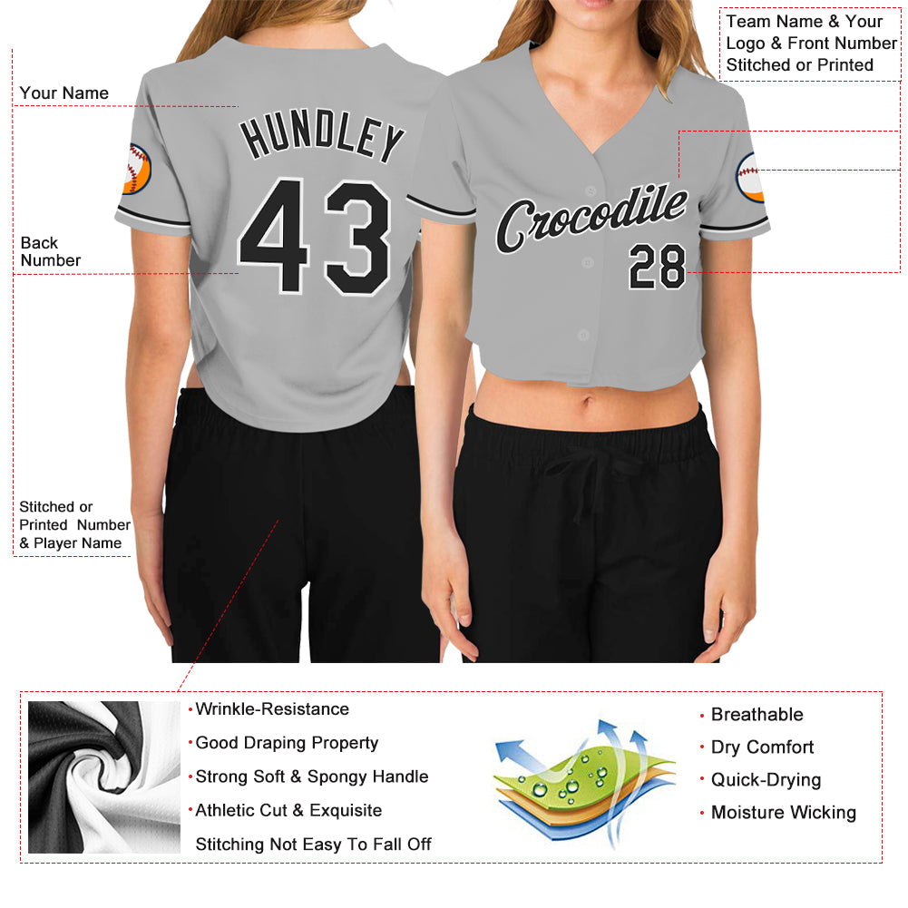 Custom Women's Gray Black-White V-Neck Cropped Baseball Jersey view 3