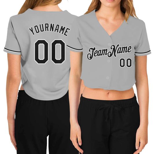 Custom Women's Gray Black-White V-Neck Cropped Baseball Jersey - Main View
