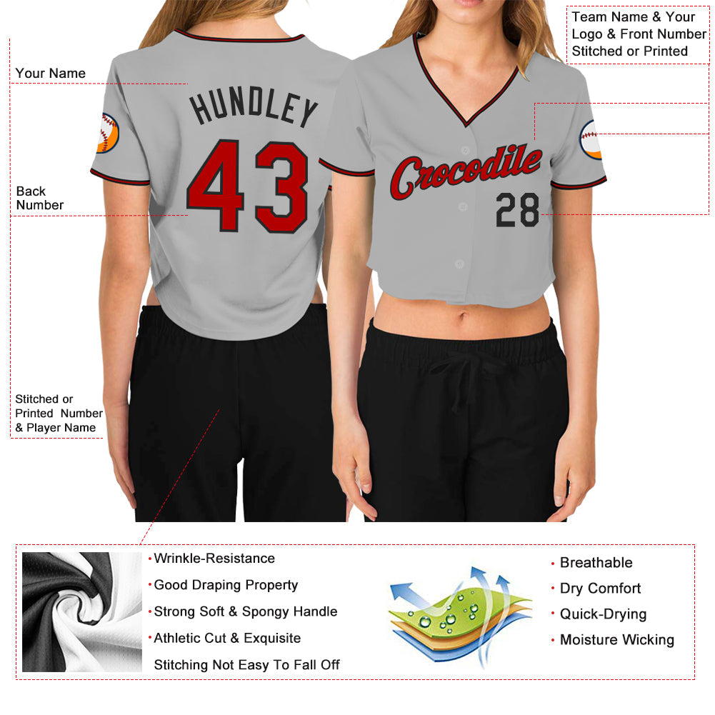Custom Women's Gray Red-Black V-Neck Cropped Baseball Jersey view 3