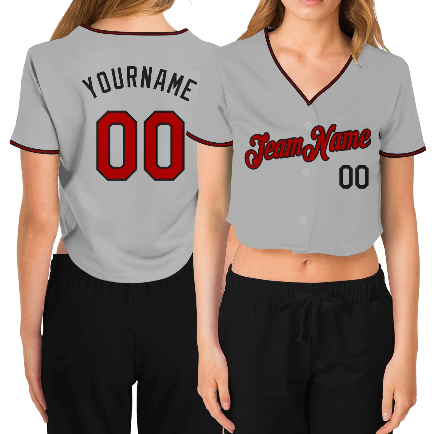 Custom Women's Gray Red-Black V-Neck Cropped Baseball Jersey - Main View