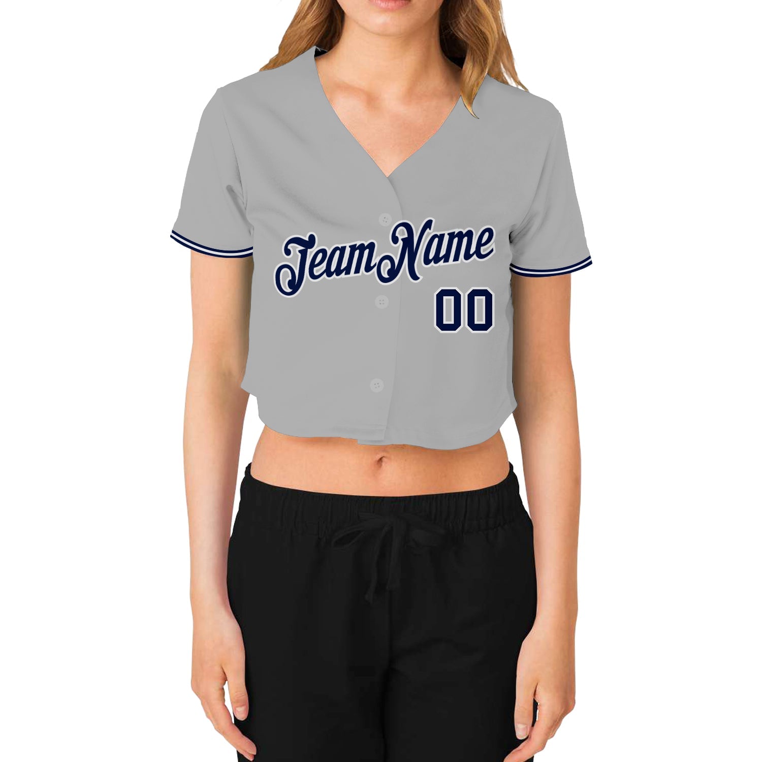 Custom Women's Gray Navy-White V-Neck Cropped Baseball Jersey view 2