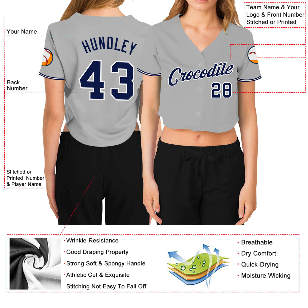 Custom Women's Gray Navy-White V-Neck Cropped Baseball Jersey view 3