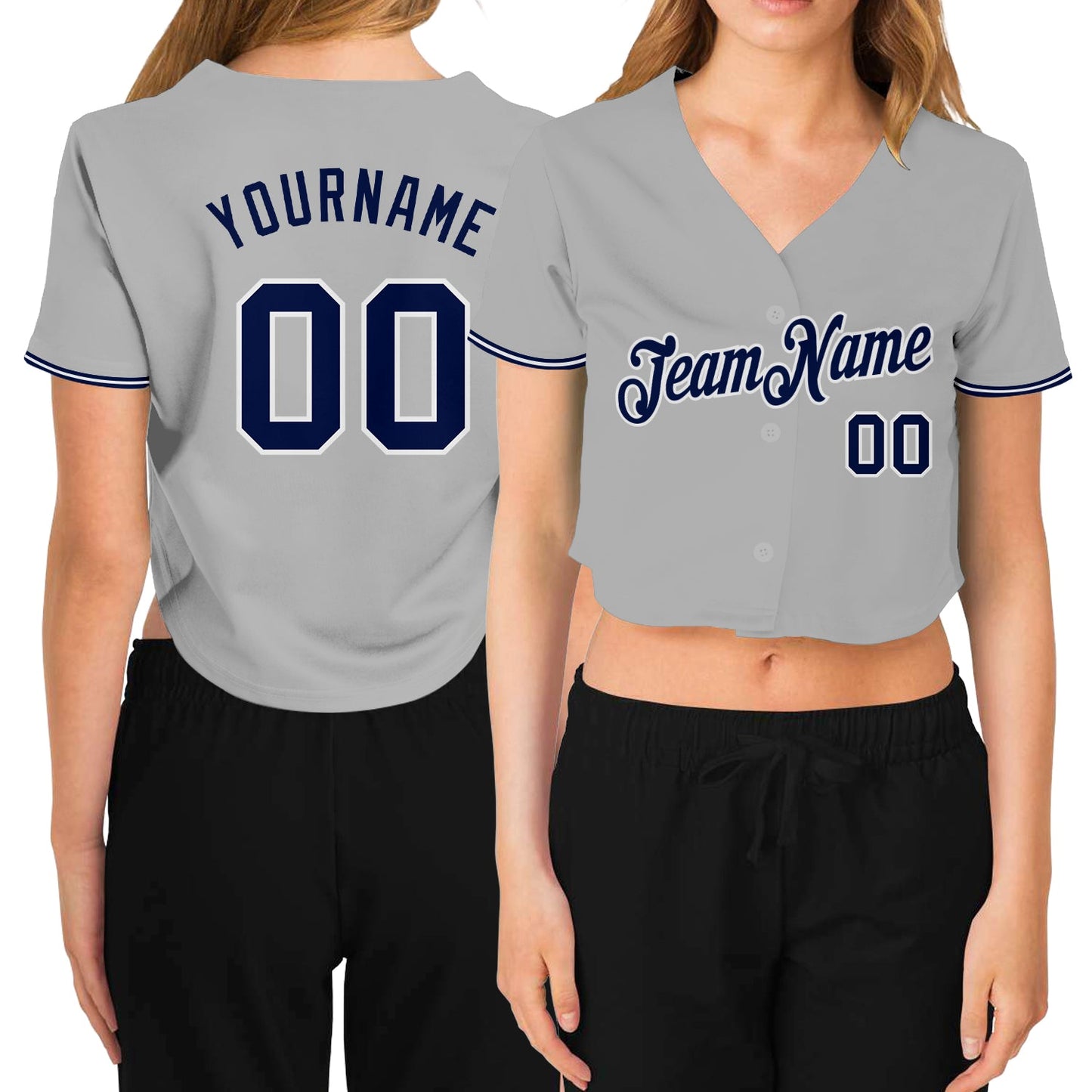 Custom Women's Gray Navy-White V-Neck Cropped Baseball Jersey - Main View