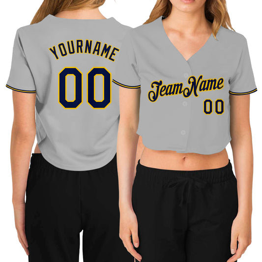 Custom Women's Gray Navy-Gold V-Neck Cropped Baseball Jersey - Main View