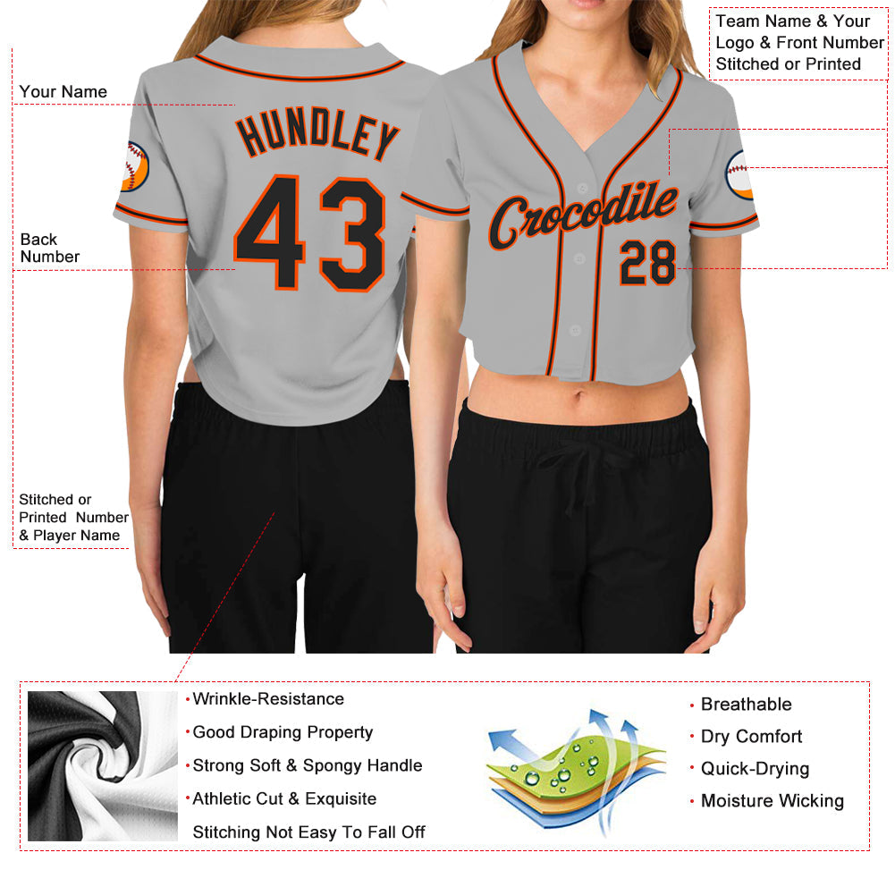 Custom Women's Gray Black-Orange V-Neck Cropped Baseball Jersey view 3