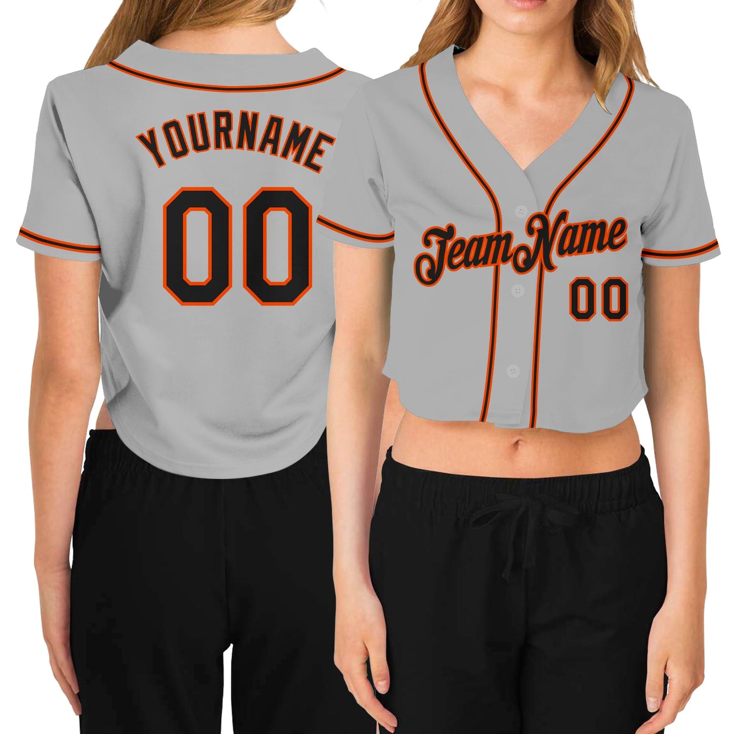 Custom Women's Gray Black-Orange V-Neck Cropped Baseball Jersey - Main View