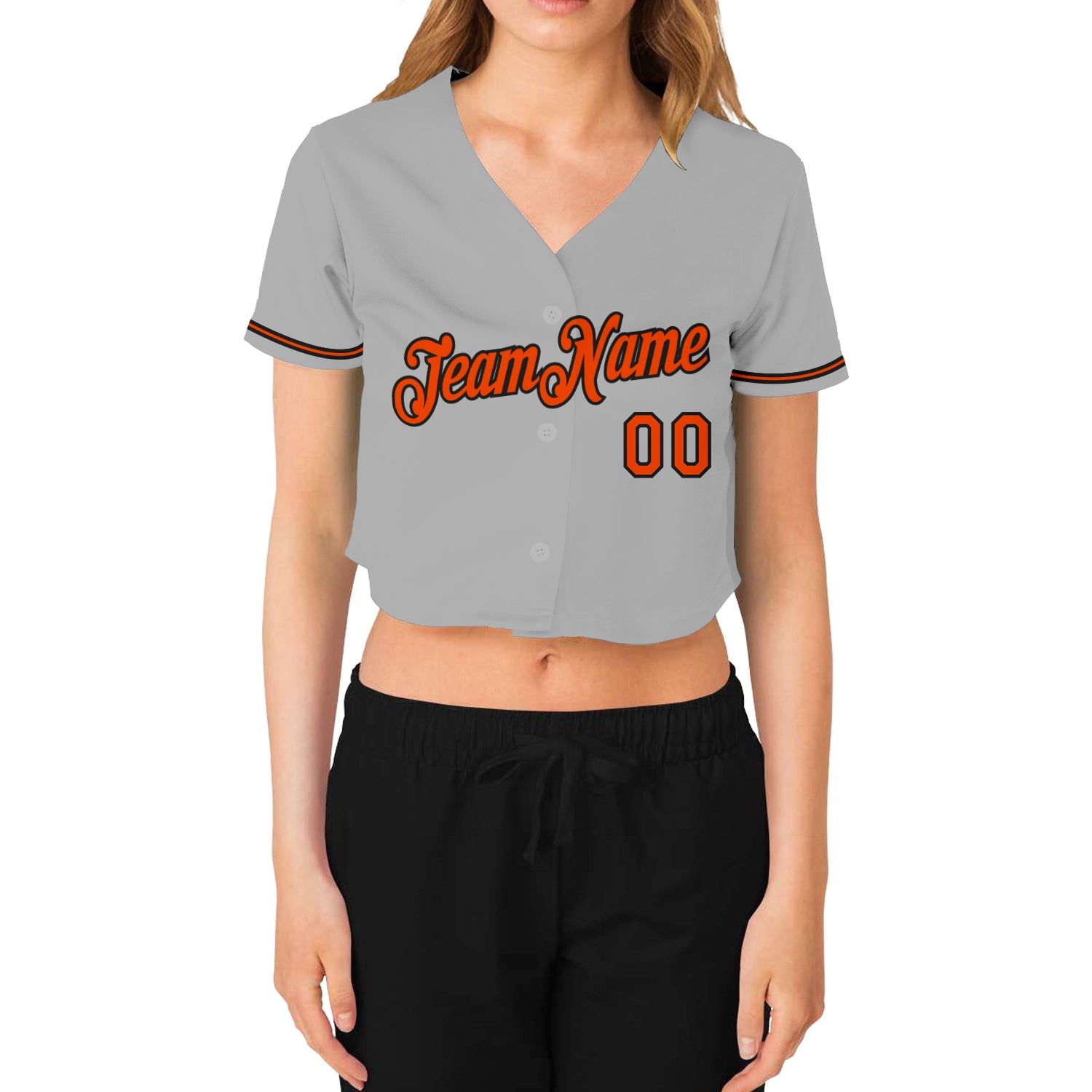 Custom Women's Gray Orange-Black V-Neck Cropped Baseball Jersey view 2