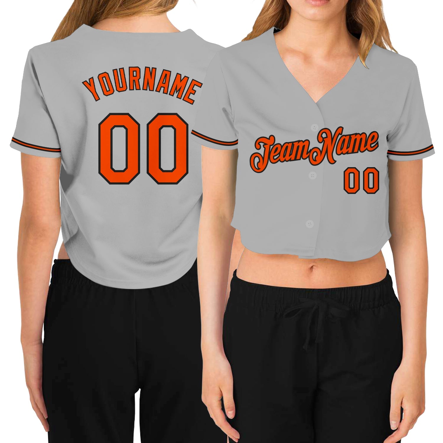 Custom Women's Gray Orange-Black V-Neck Cropped Baseball Jersey - Main View
