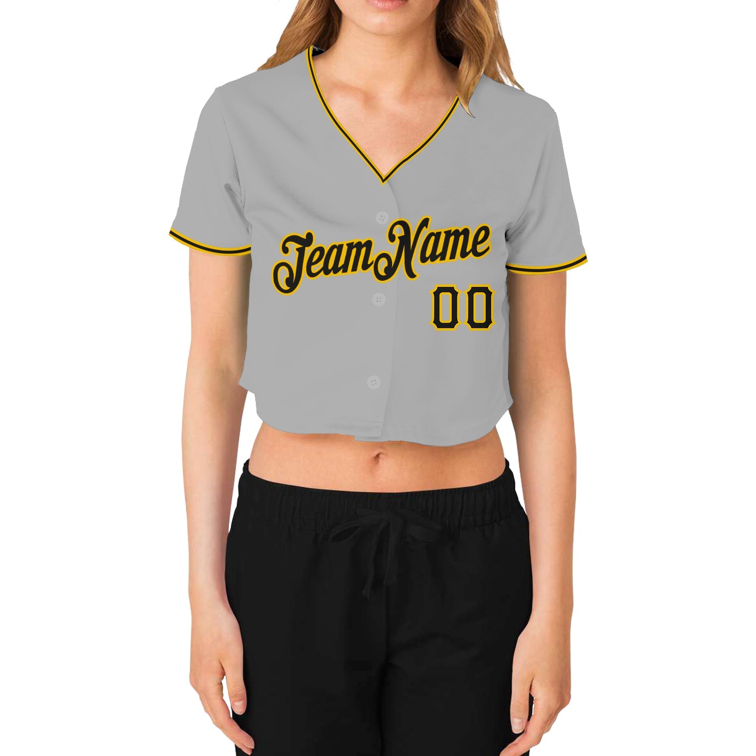 Custom Women's Gray Black-Gold V-Neck Cropped Baseball Jersey view 2