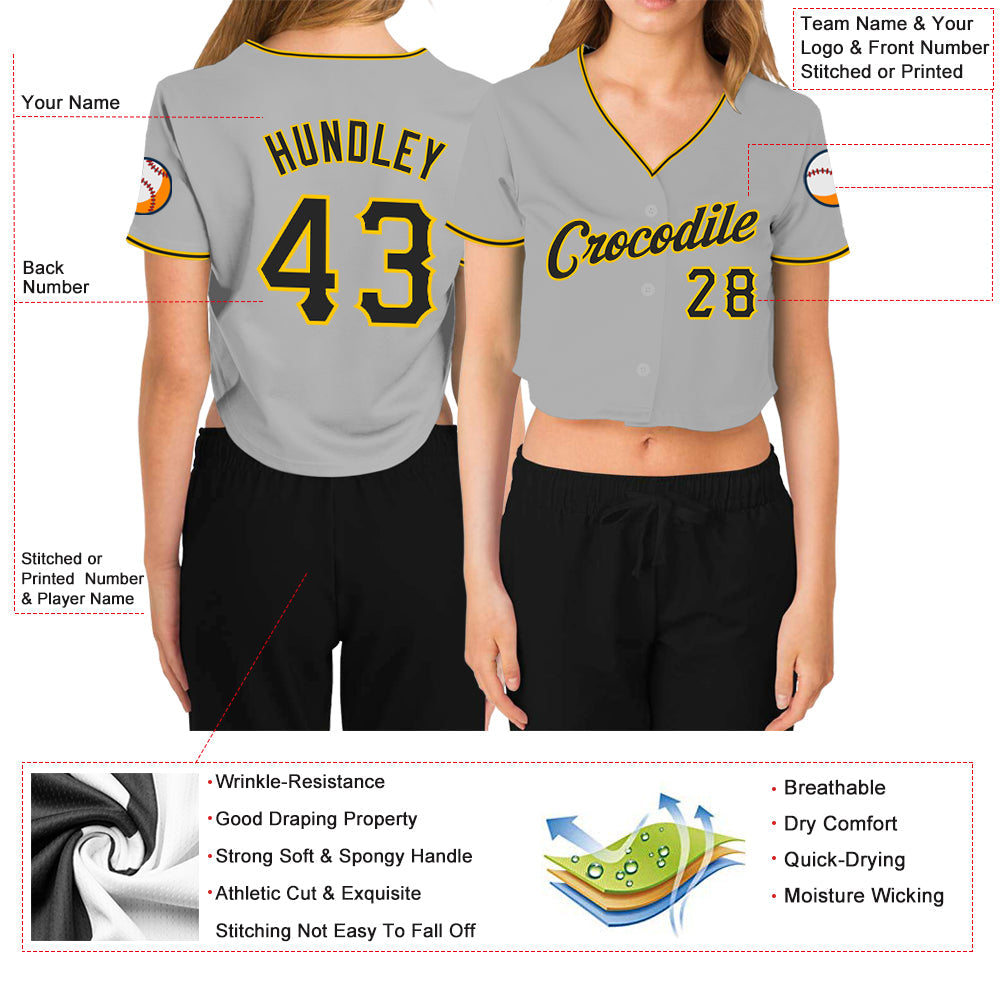 Custom Women's Gray Black-Gold V-Neck Cropped Baseball Jersey view 3