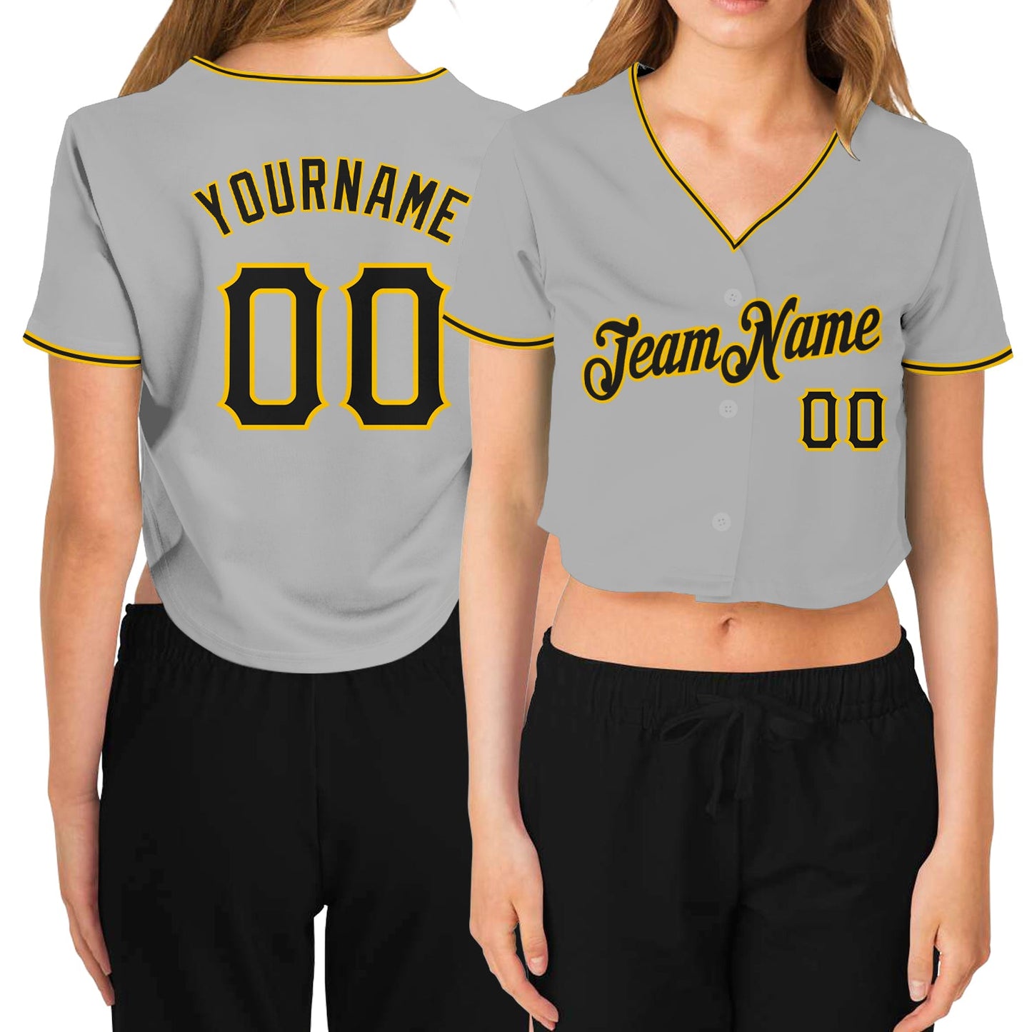 Custom Women's Gray Black-Gold V-Neck Cropped Baseball Jersey - Main View