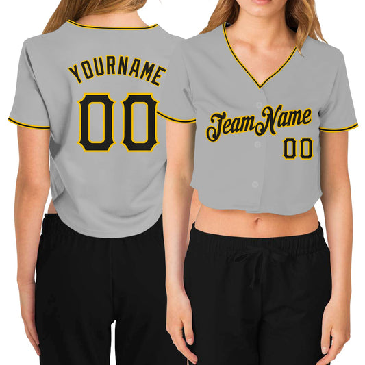 Custom Women's Gray Black-Gold V-Neck Cropped Baseball Jersey - Main View