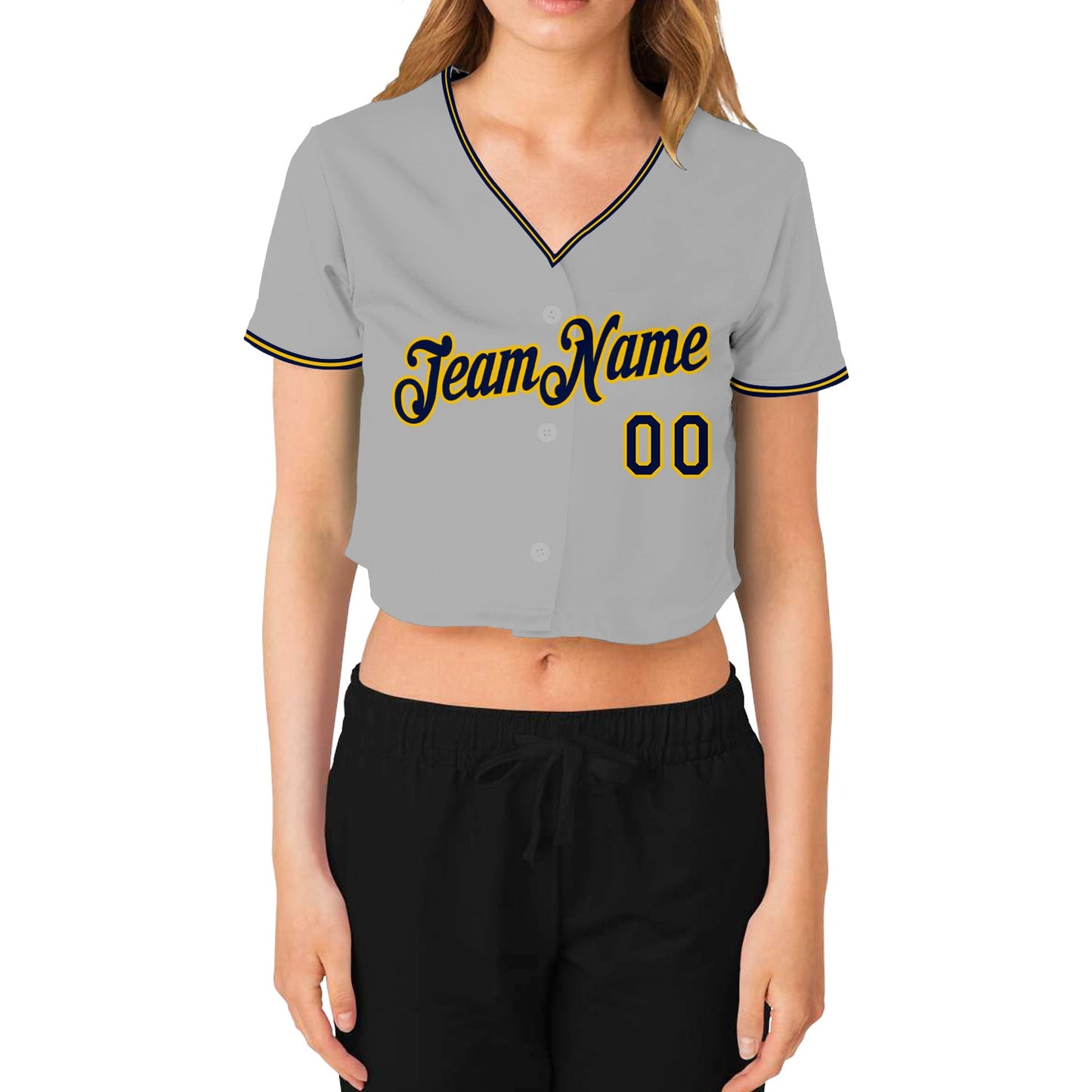 Custom Women's Gray Navy-Gold V-Neck Cropped Baseball Jersey view 2