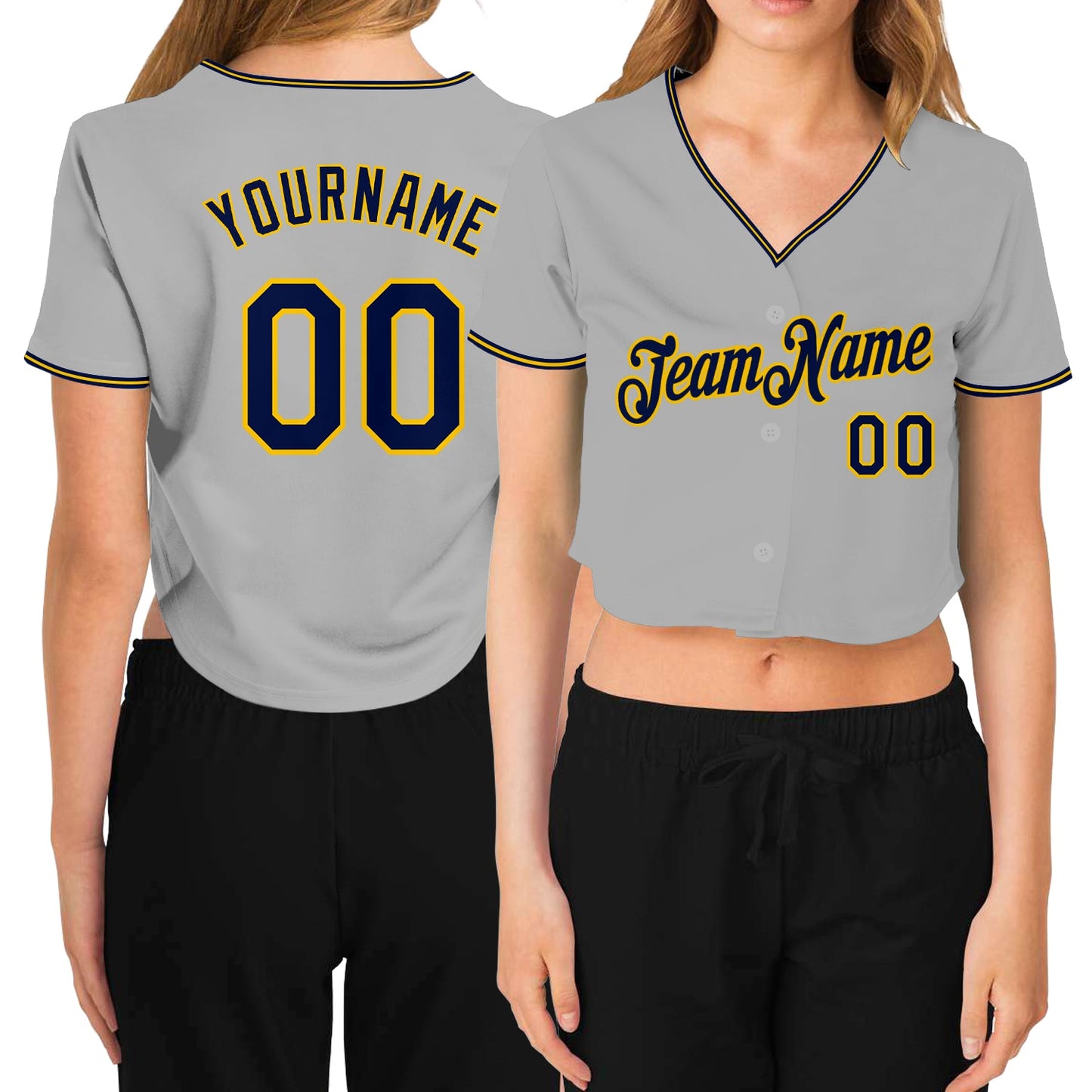 Custom Women's Gray Navy-Gold V-Neck Cropped Baseball Jersey - Main View