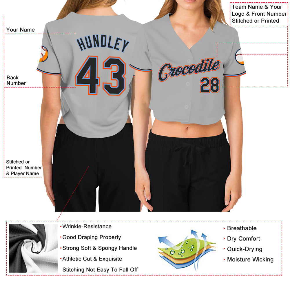 Custom Women's Gray Black Powder Blue-Orange V-Neck Cropped Baseball Jersey view 3