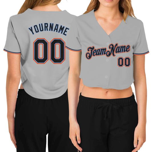 Custom Women's Gray Black Powder Blue-Orange V-Neck Cropped Baseball Jersey - Main View