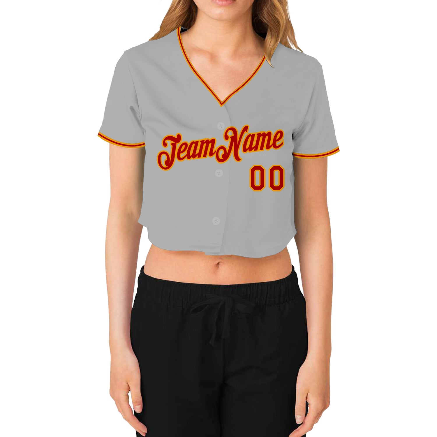 Custom Women's Gray Red-Gold V-Neck Cropped Baseball Jersey view 2