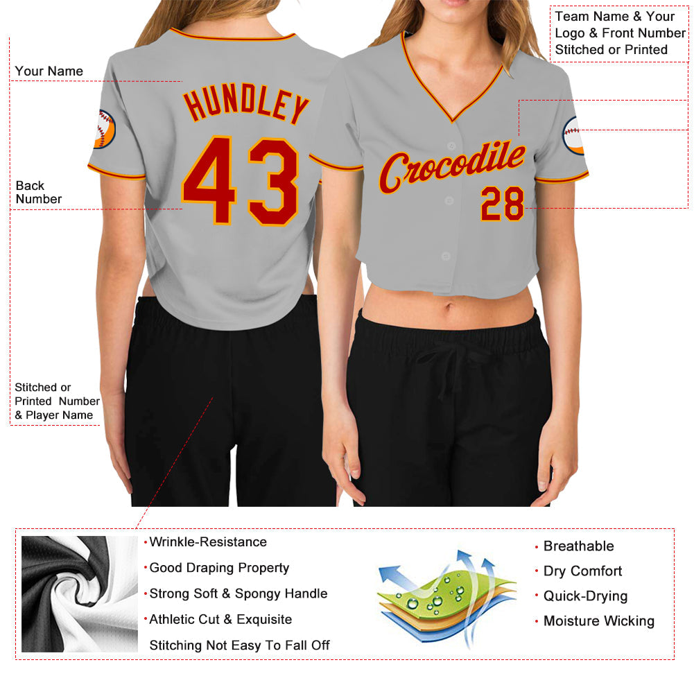 Custom Women's Gray Red-Gold V-Neck Cropped Baseball Jersey view 3