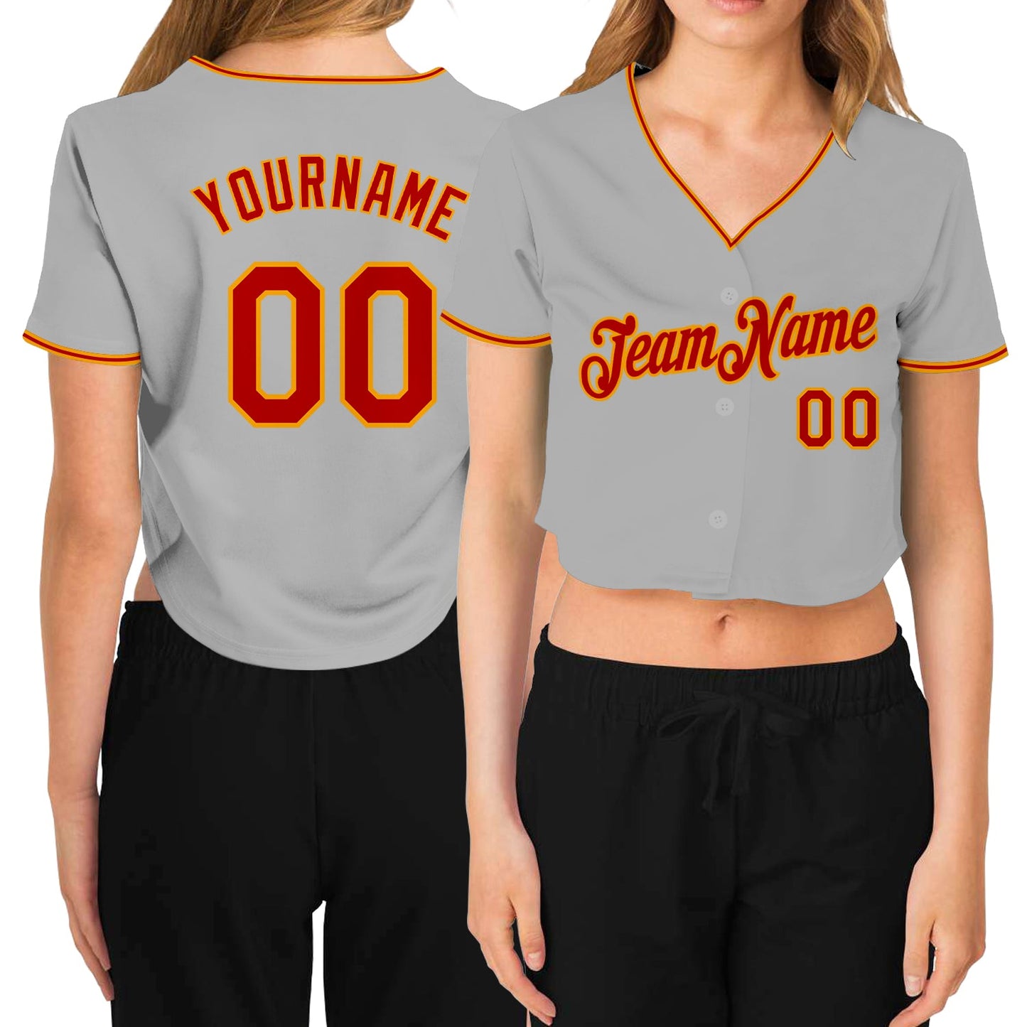 Custom Women's Gray Red-Gold V-Neck Cropped Baseball Jersey - Main View