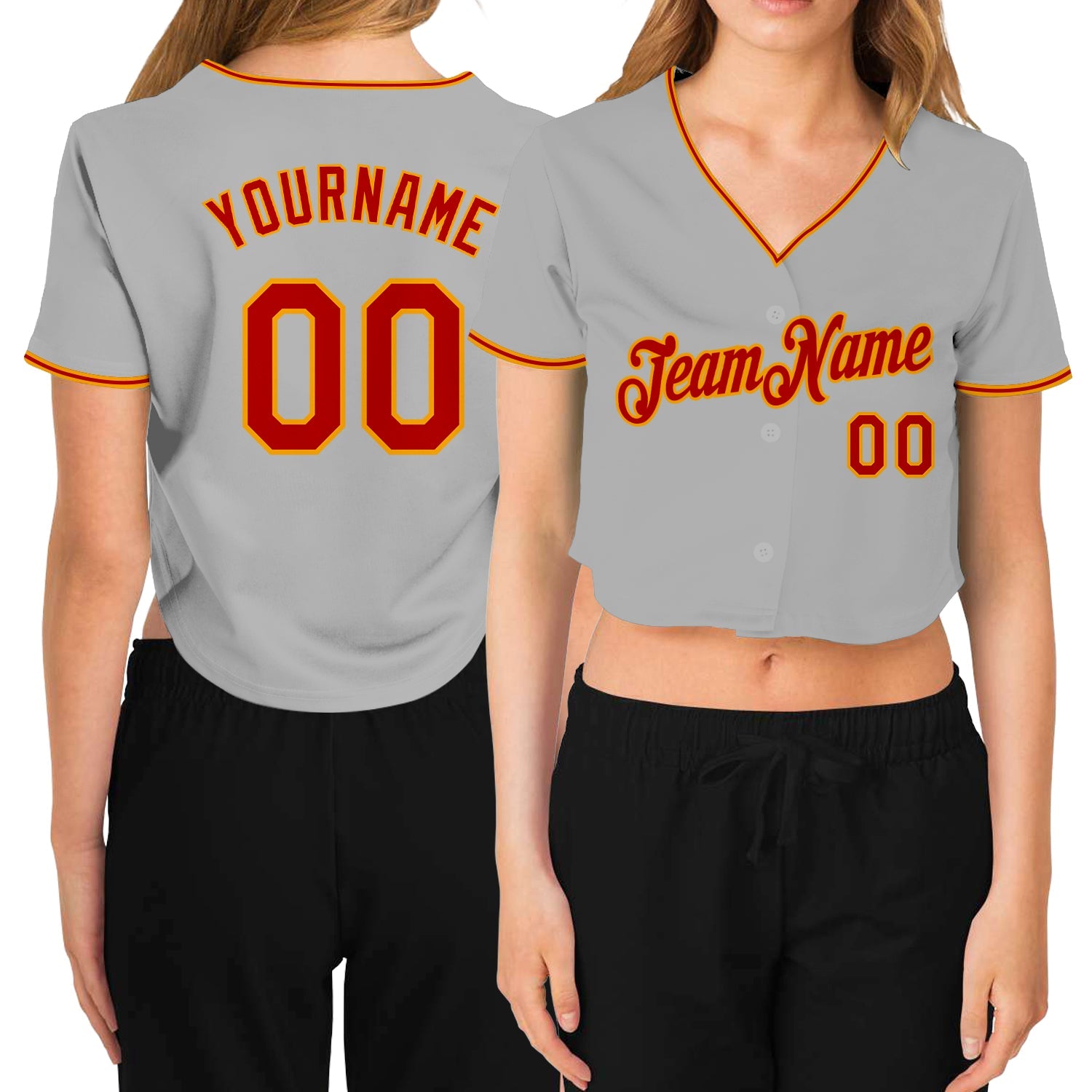 Custom Women's Gray Red-Gold V-Neck Cropped Baseball Jersey - Main View