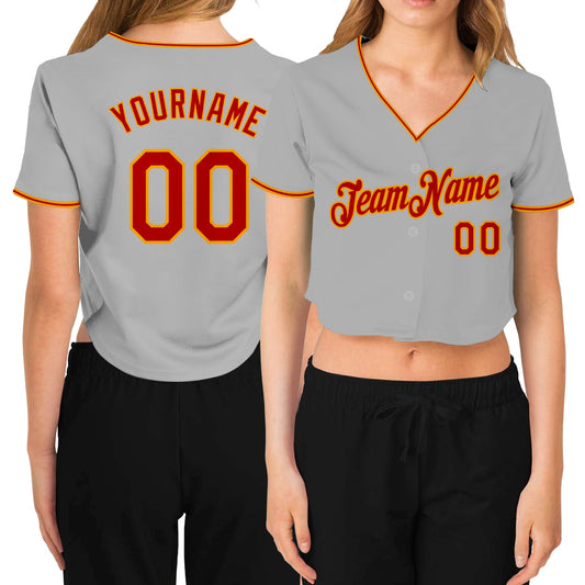 Custom Women's Gray Red-Gold V-Neck Cropped Baseball Jersey - Main View